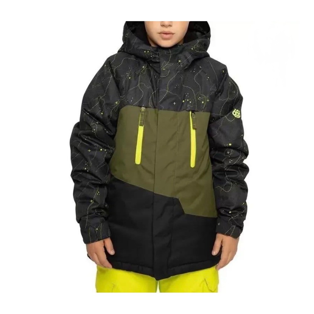 686 Boys Winter Snowboard Jacket Geo Insulated Hooded Black Green Contour Map XL